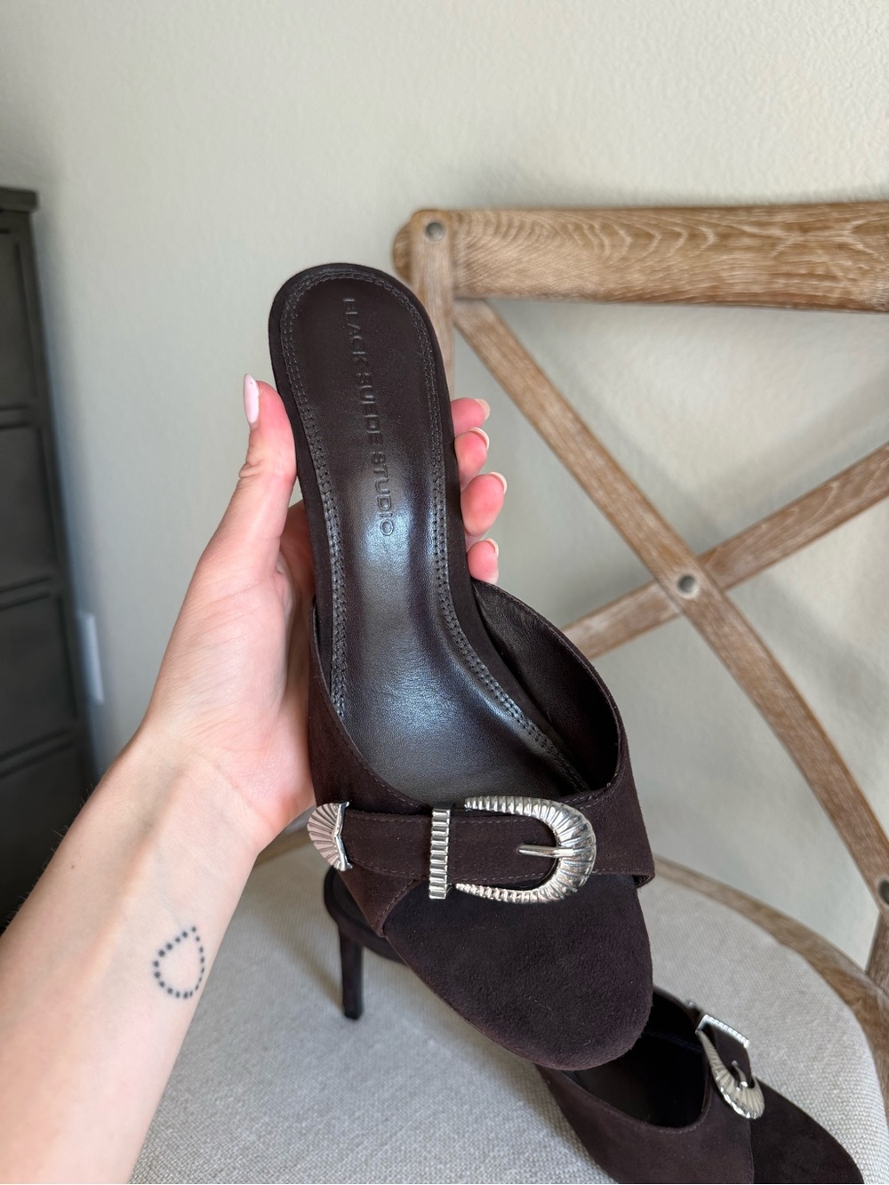 Black Suede Studio Elena Buckle Mule Heels - Picture 7 of 7